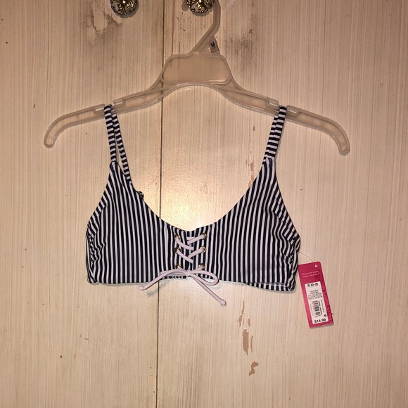 NWT Lace-up Front Bralette Bikini Top BlueStripe-S - Picture 4 of 6